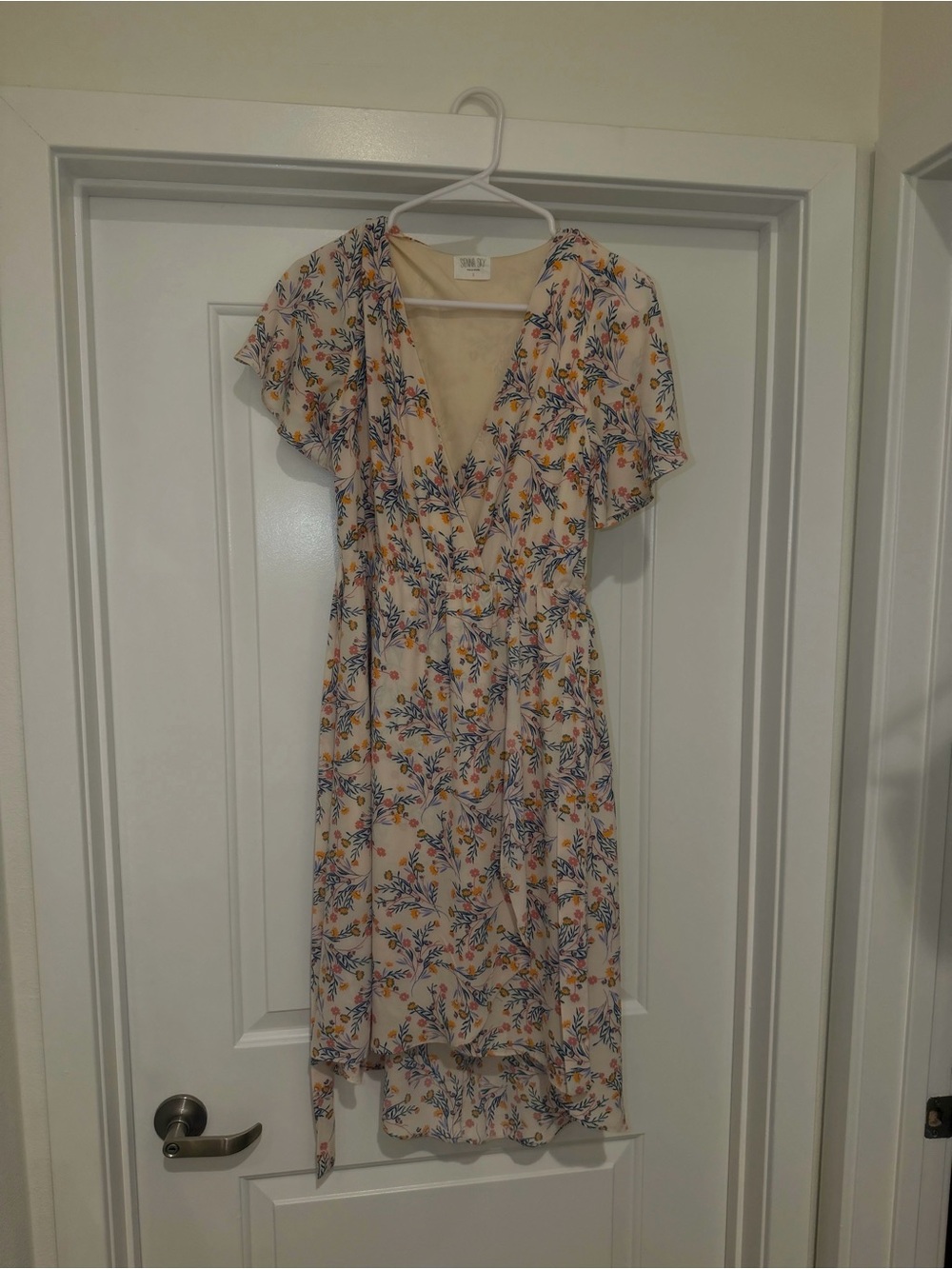 Sienna Sky Beige Midi Dress with Blue & Yellow Floral Print